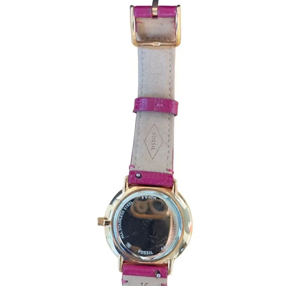 FOSSIL Prismatic Galaxy Three Hand Fuchsia Leather Band Raised Crystal Analog Wa - Picture 7 of 10